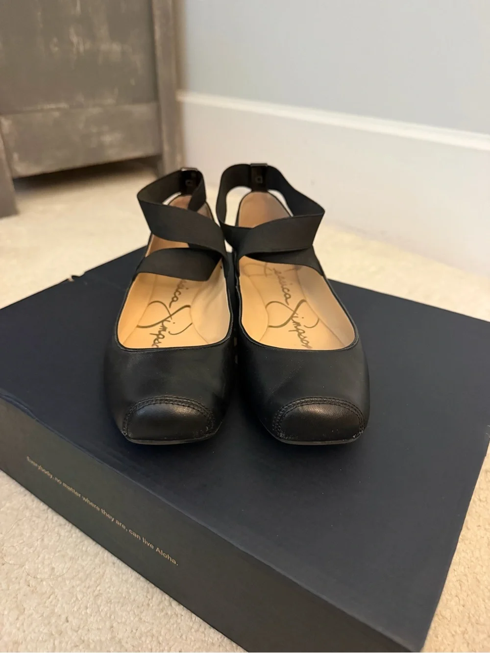 Jessica Simpson Black Leather Ankle-Strap Ballet Flats